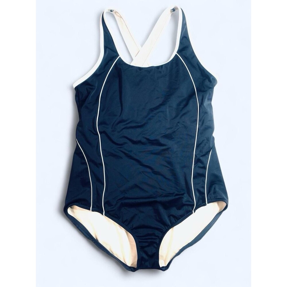 Lands' End Tugless X-Back Swimsuit Black White Piping EUC Size 14 Sporty - Picture 2 of 13